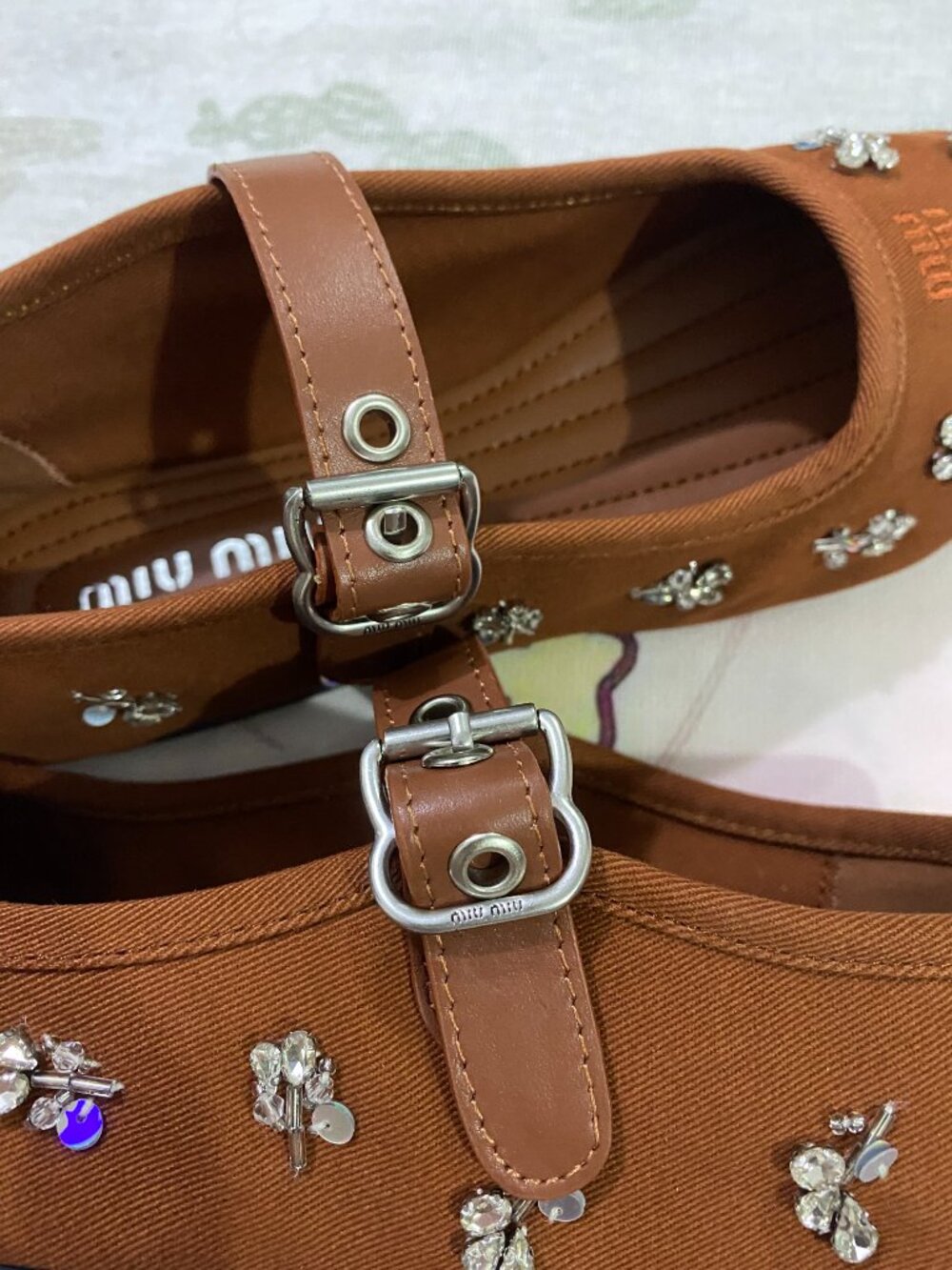 Miu Miu Embroidered Twill Ballet Mary Jane Flats - Picture 9 of 9
